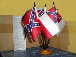 Desktop Confederate flag set/ with BONUS FLAG HISTORY INSERT.  6 flag set.  Round Base and Black one piece pole and spear. No-hem Polyester Flags. 
