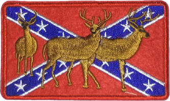 Pat 150 SEW -ON DEER ON BATTLE  FLAG PATCH  Approximate Size  4" x 3" 
