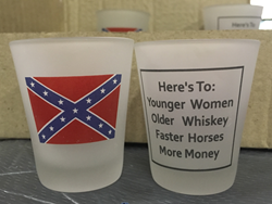 Shot Glass, Frosted Glass with Battle flag on one side  and inscription on the other DZ 
