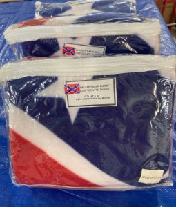 Battle Flag Fleece Throws Packaged in a vinyl zippered bag. 48" x 62" Hemmed Edges 