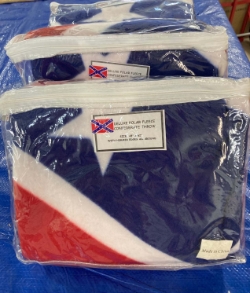 Battle Flag Fleece Throws Packaged in a vinyl zippered bag. 48" x 62" Hemmed Edges 
