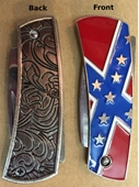 Knife 112 Battle Flag/Scroll Knife  Battle Flag on one side, and scroll pattern on the back  Approximate size is 1" x  3" 