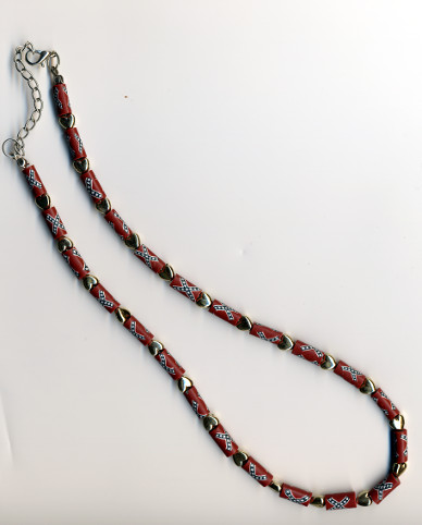Necklace #86 Battle Flag clay bead with silver heart spacers 