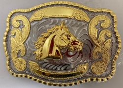 BB624 Huge Horse Head Buckle  Silver with Gold Trim 5.25x4 inches  