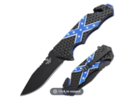 Knife140 Rescue Style Spring Assist Black&Blue Confederate Battle Flag 